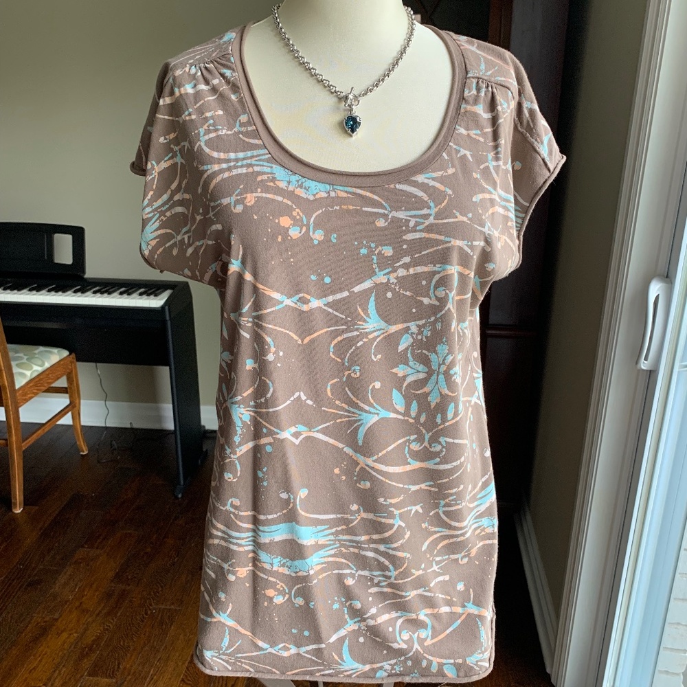 Aventura Clothing Taupe Cotton Sleeveless Shirt with Aqua and Apricot Accents
